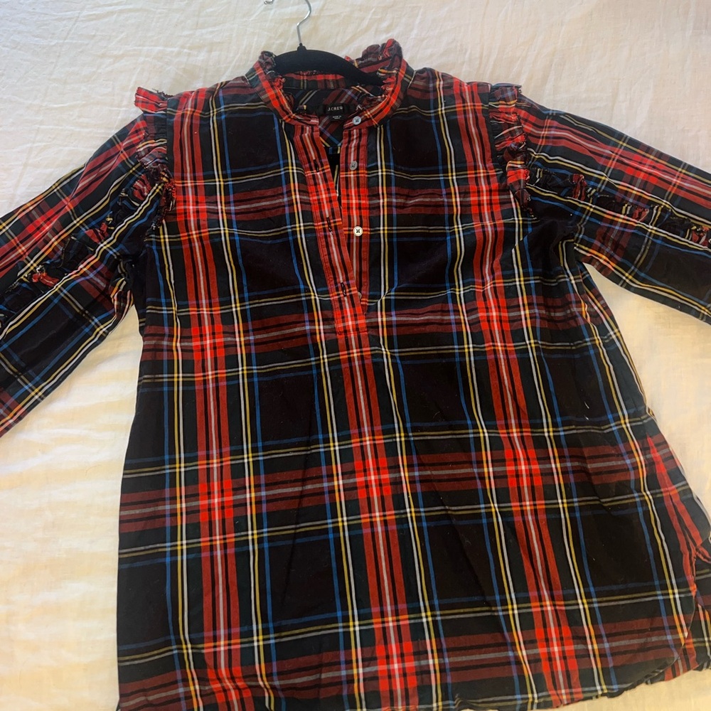 J. Crew Classic Fit Ruffle Popover Black Plaid Button Down Shirt